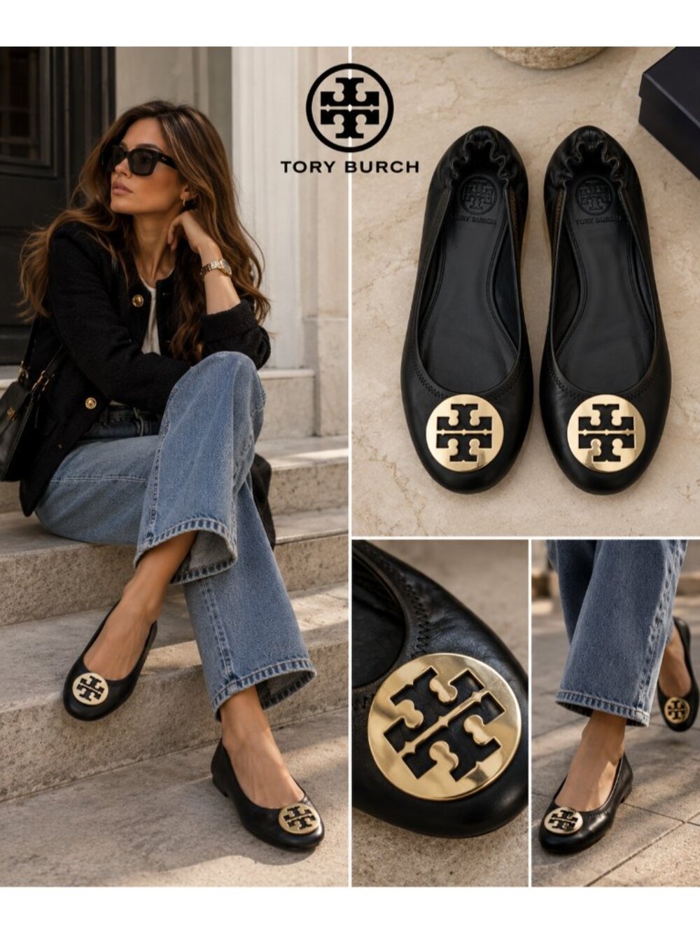 Tory Burch Reva Ballet Flats Womens Black Leather Gold Logo Medallion Size 9.5 M